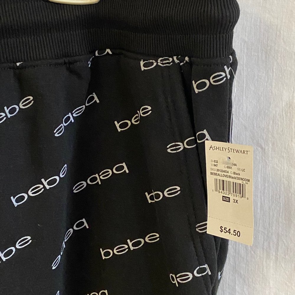 NWT Bebe Sport Black Logo Print Fleece Jogger Pants 3X